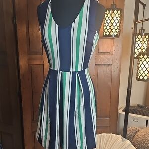 BCX Navy, Green & White Striped V-Neck Fit & Flare Mini Dress w/Keyhole back
